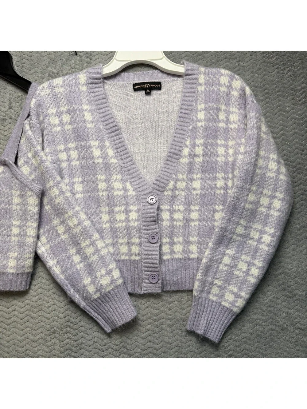 Almost Famous Sweater Set Womens Sz M Plaid Cardigan Soft girl Preppy 2 Pieces - Picture 3 of 9